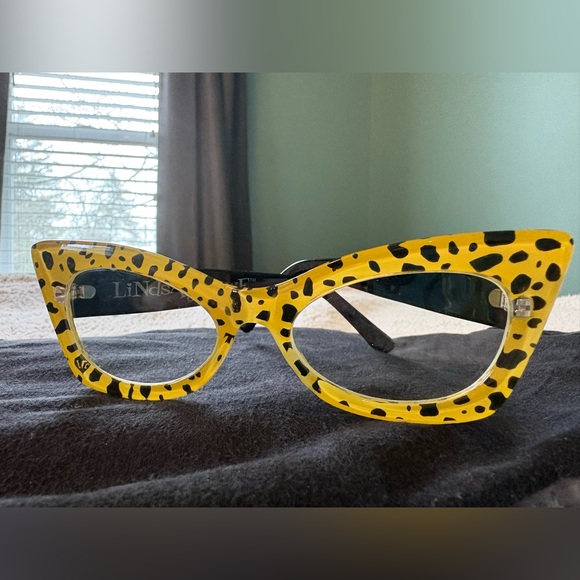 Lindsay Lowe Yellow Leopard Print Cat Eye Glasses- prescription free - Picture 3 of 10